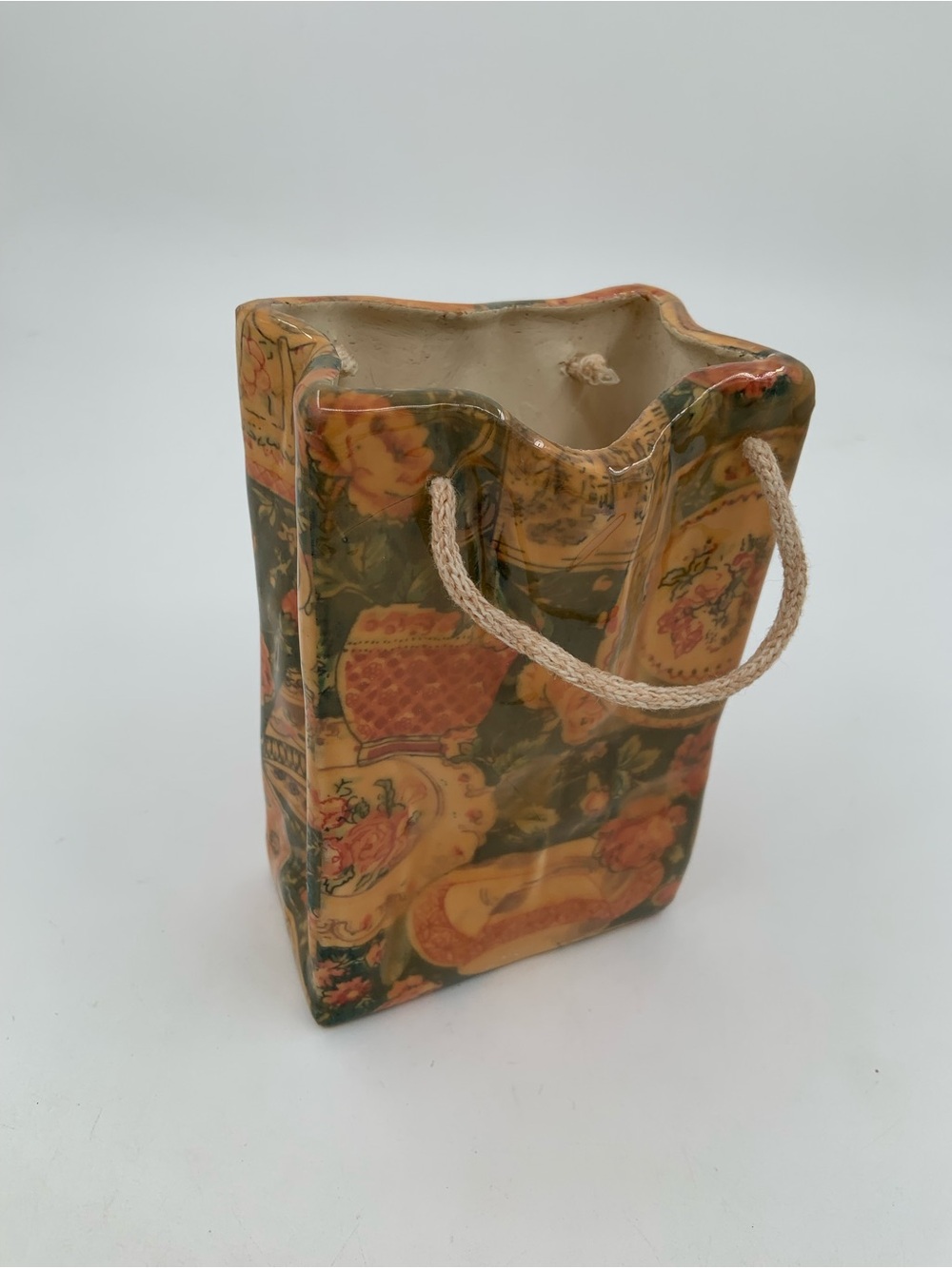 Floral Patchwork Ceramic Tote Vase with Rope Handle